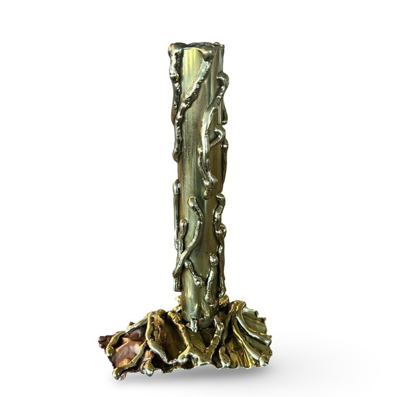 Other - Vintage 70s Artisan Mid-Century Modernist Brutalist Copper Gold Tone Candlestick